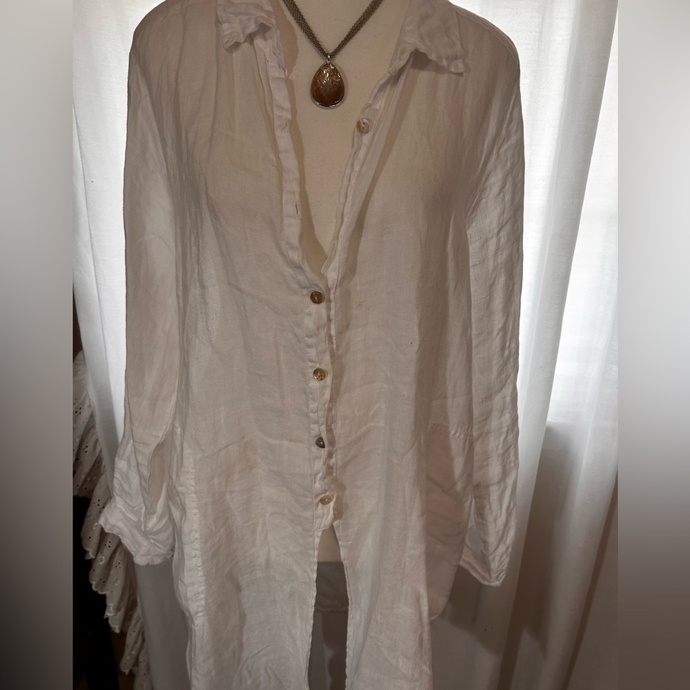 Women's White Linen Tunic Button-Up Shirt Coverup Peasant Boho